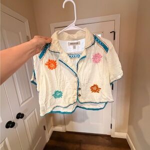 Floral Embroidered crop top- Cream with Blue and Orange Accents